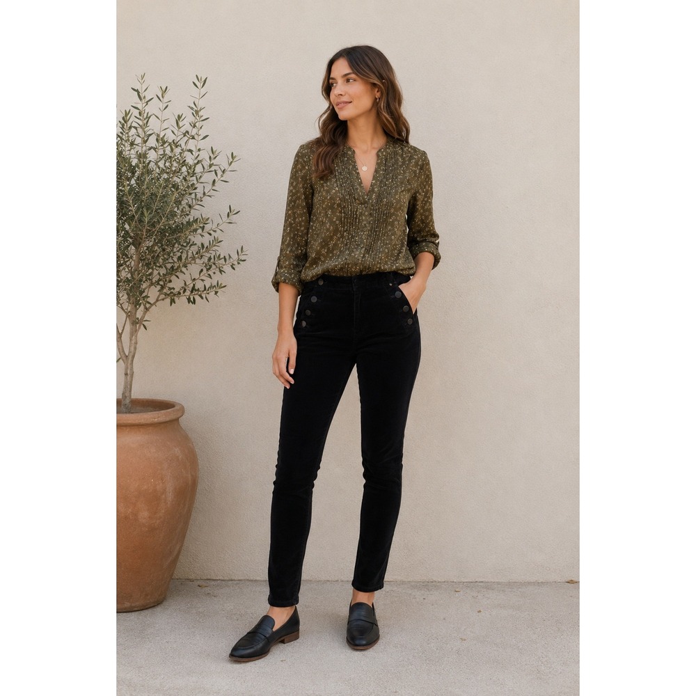 LOFT Corduroy Skinny Sailor‎ Pants Womens 10 Black Button Detail Stretch